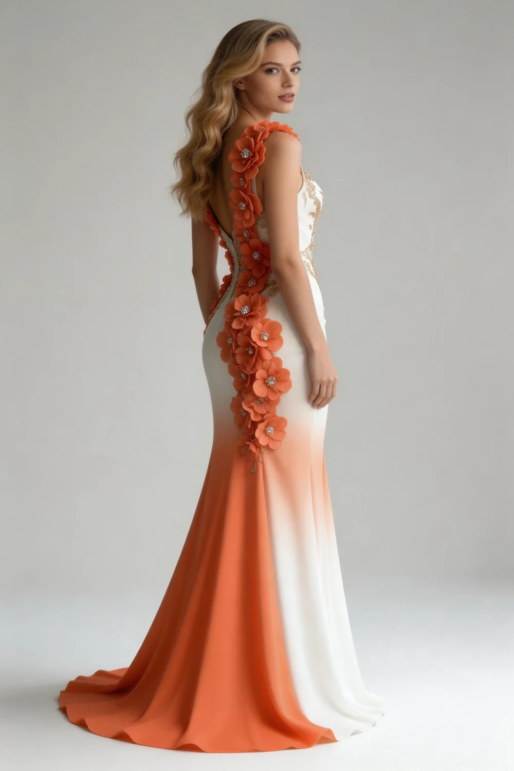 Classy Peony Flower Appliques Chiffon Mermaid Prom Dress Evening Dress Y8567 - Image 4