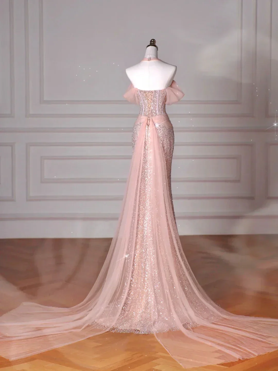 Classy Pink Halter Sequin Beaded Tulle Mermaid Evening Dress Long Prom Dress Y8620 - Image 2