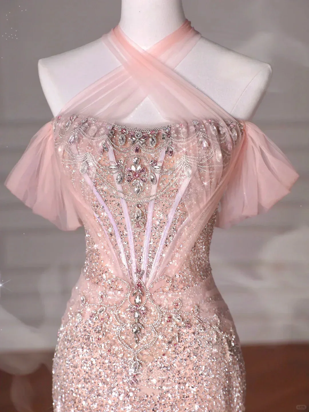 Classy Pink Halter Sequin Beaded Tulle Mermaid Evening Dress Long Prom Dress Y8620 - Image 3