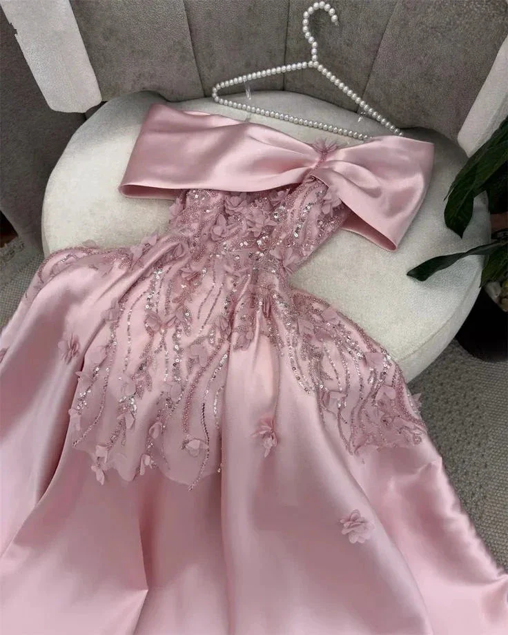 Classy Pink off The Shoulder Appliques Sequins Evening Dress Long A Line Prom Dress Y7638 - Image 2