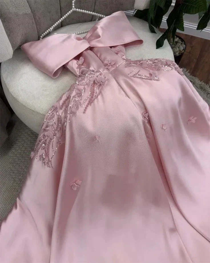 Classy Pink off The Shoulder Appliques Sequins Evening Dress Long A Line Prom Dress Y7638 - Image 3
