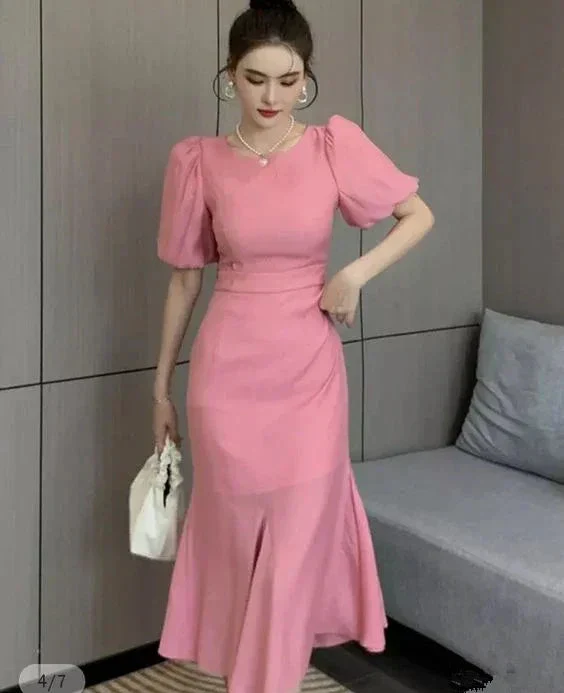 Classy Pink Puff Sleeves Mermaid Mid-length Prom Dress Pink Cocktail Dress Y5599 - Image 2