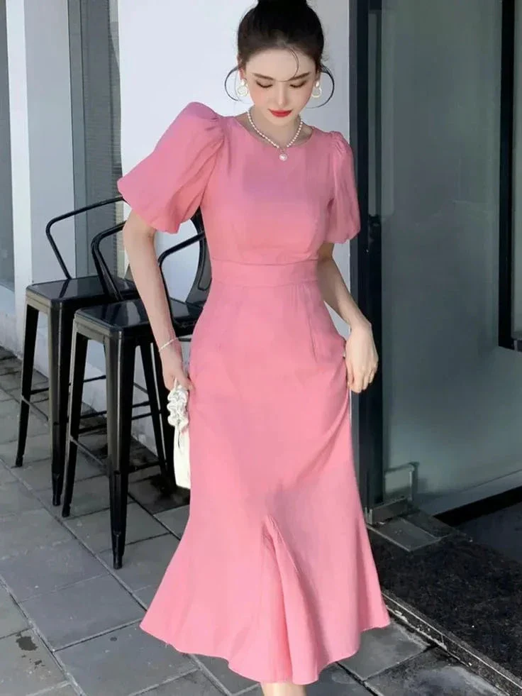 Classy Pink Puff Sleeves Mid-length Prom Dress Pink Evening Dress Y7113 - Image 2