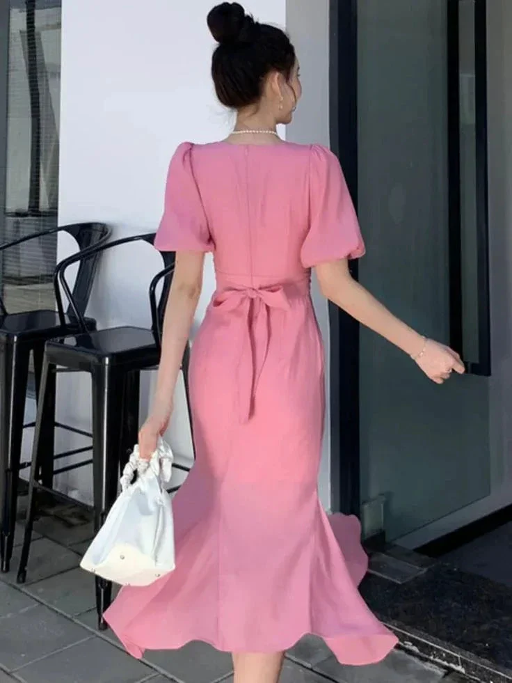 Classy Pink Puff Sleeves Mid-length Prom Dress Pink Evening Dress Y7113 - Image 3