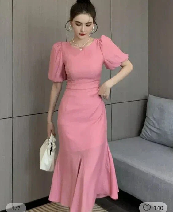 Classy Pink Puff Sleeves Mid-length Prom Dress Pink Evening Dress Y7113 - Image 4
