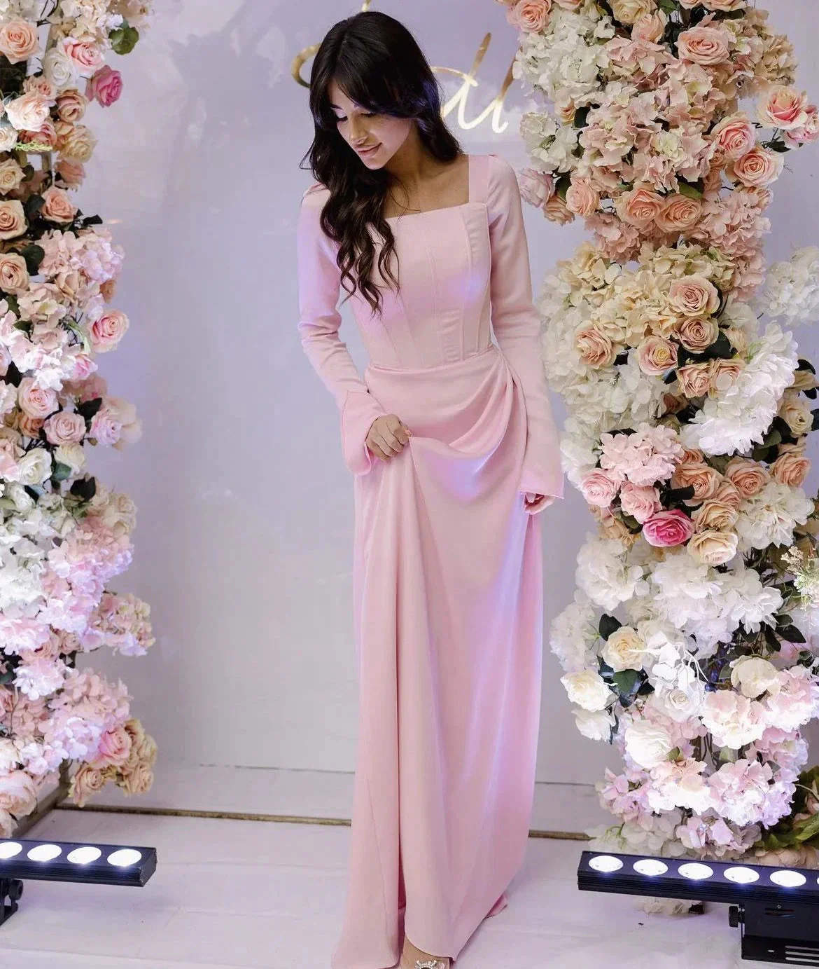 Classy Pink Square Neckline Column Evening Dress with Long Sleeves Y4798 - Image 2