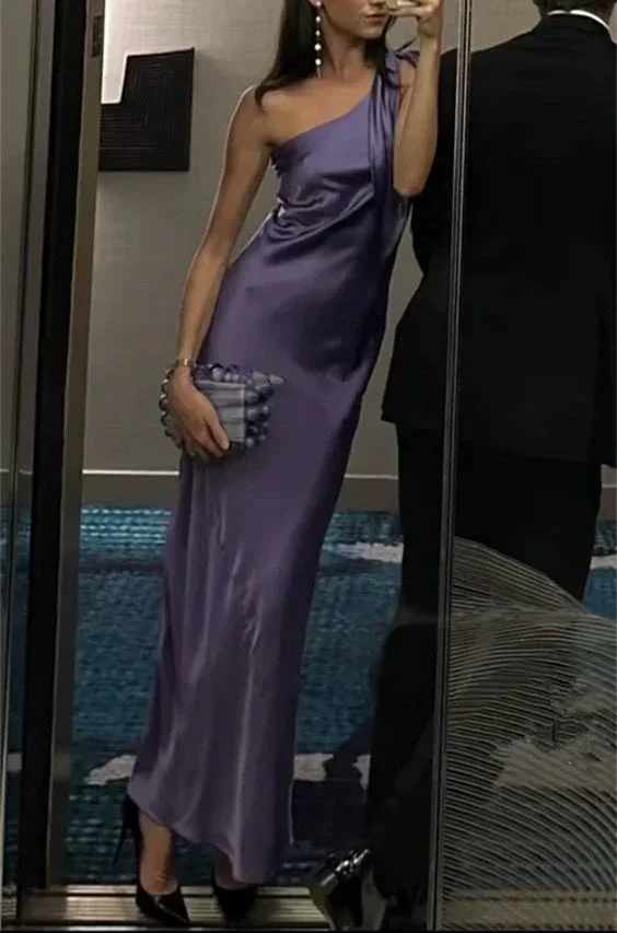 Classy Purple One Shoulder Long Evening Dress Purple Reception Dress Y7273 - Image 3