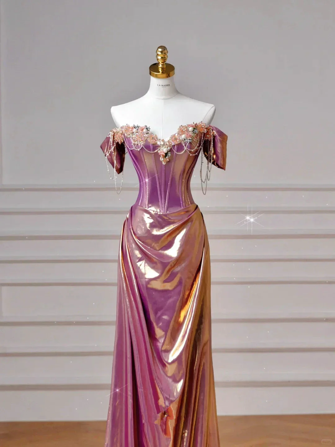 Classy Purple Satin Beaded Mermaid Prom Dress Off The Shoulder Long Evening Dress Y8605 - Image 2