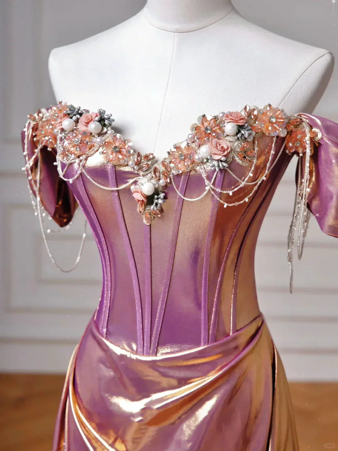 Classy Purple Satin Beaded Mermaid Prom Dress Off The Shoulder Long Evening Dress Y8605 - Image 3