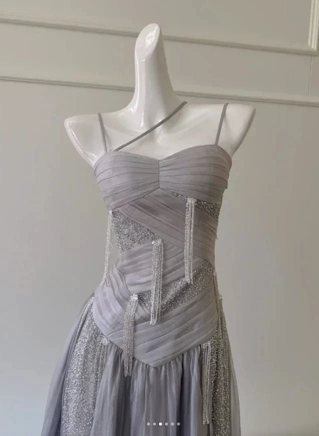 Classy Purple Sequins Tulle Beaded Tassel Prom Dress A Line Evening Dress Y8586 - Image 2