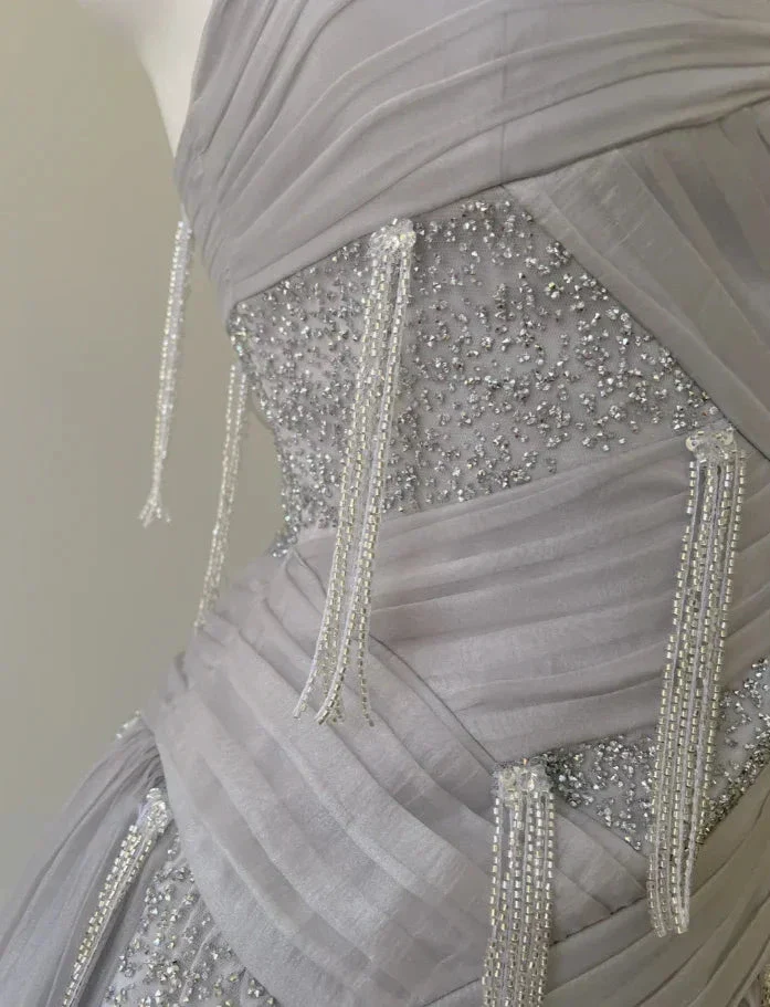 Classy Purple Sequins Tulle Beaded Tassel Prom Dress A Line Evening Dress Y8586 - Image 3