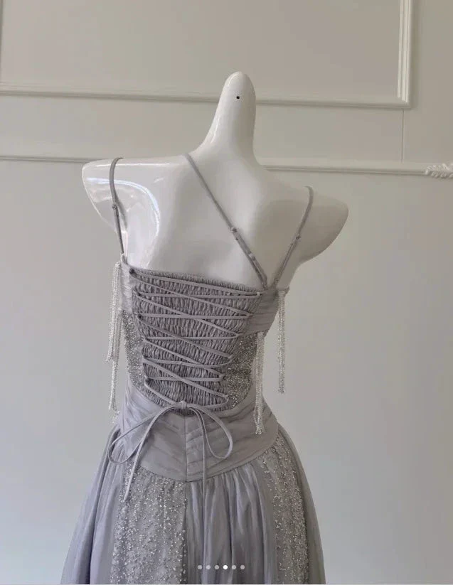 Classy Purple Sequins Tulle Beaded Tassel Prom Dress A Line Evening Dress Y8586 - Image 4