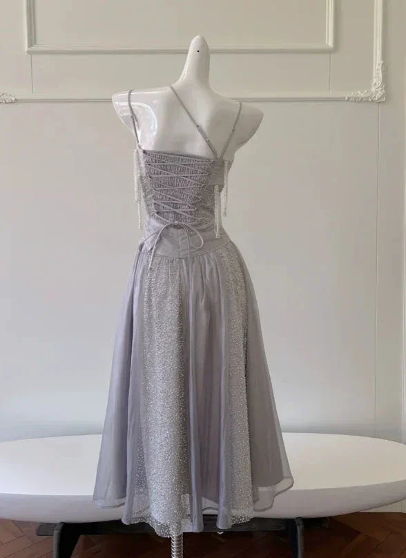 Classy Purple Sequins Tulle Beaded Tassel Prom Dress A Line Evening Dress Y8586 - Image 5