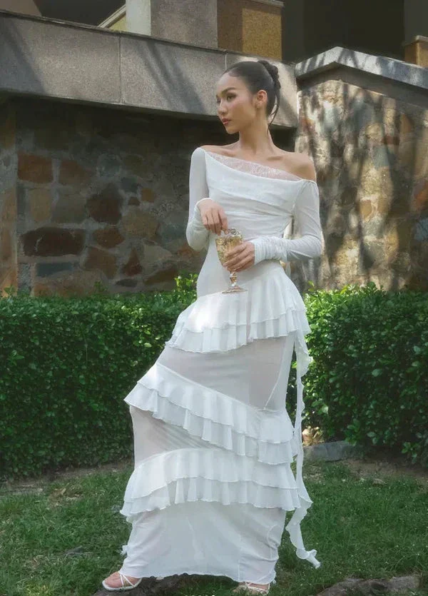 Classy Sheath Lace Chiffon Ruffles Prom Evening Dress,White Wedding Dress Y8082 - Image 3