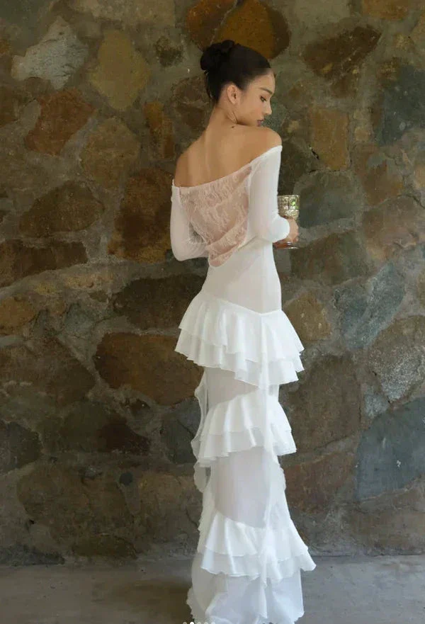 Classy Sheath Lace Chiffon Ruffles Prom Evening Dress,White Wedding Dress Y8082 - Image 4