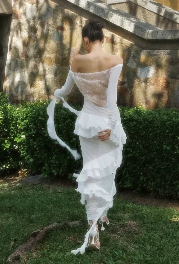 Classy Sheath Lace Chiffon Ruffles Prom Evening Dress,White Wedding Dress Y8082 - Image 5