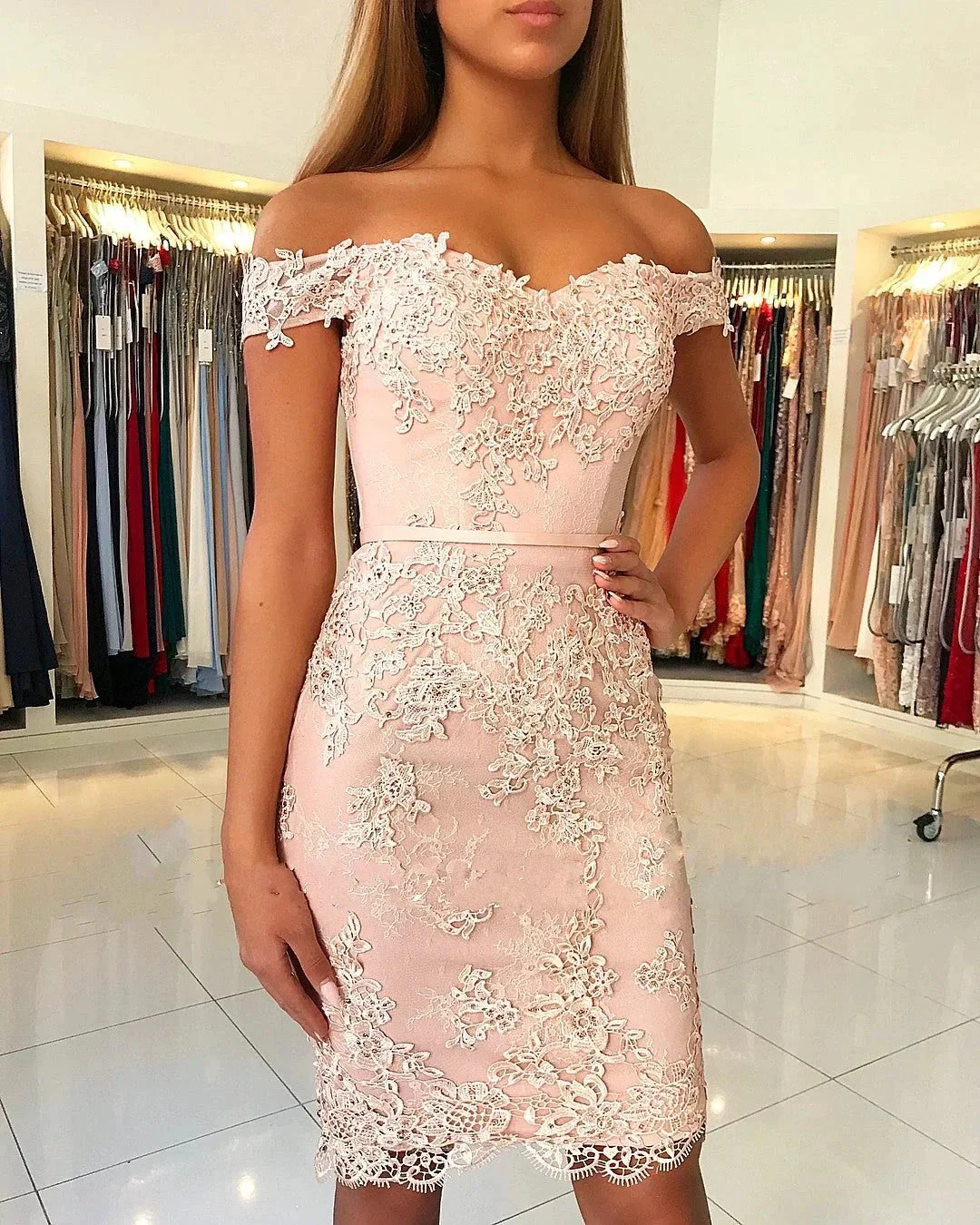 Classy Short Mermaid Off-the-shoulder Lace Prom Dress - Image 2