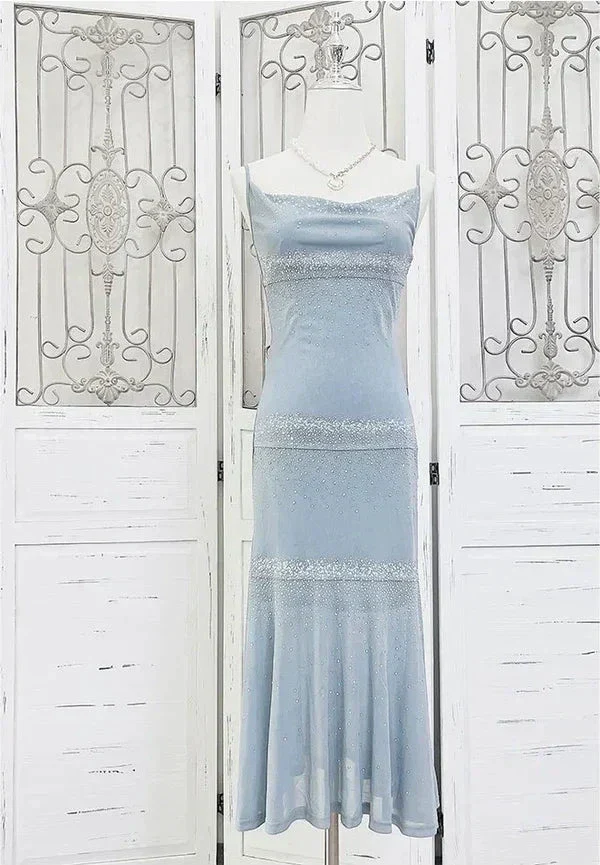 Classy Spaghetti Straps Blue Chiffon Beaded Prom Dress Evening Dress Y8248 - Image 4