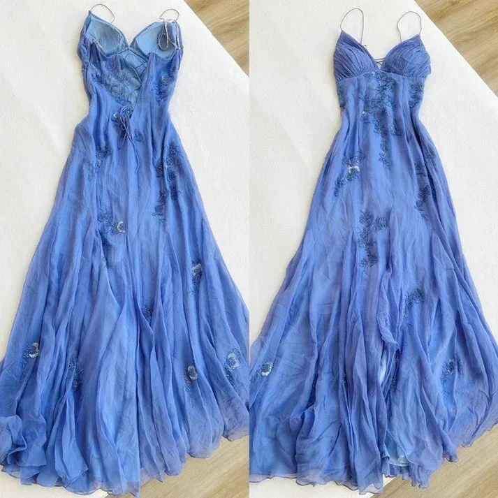 Classy Spaghetti Straps Blue Chiffon Long Prom Dress Party Evening Dress Y7457 - Image 2
