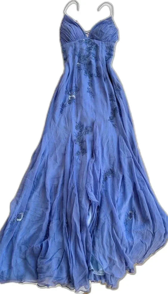 Classy Spaghetti Straps Blue Chiffon Long Prom Dress Party Evening Dress Y7457 - Image 3