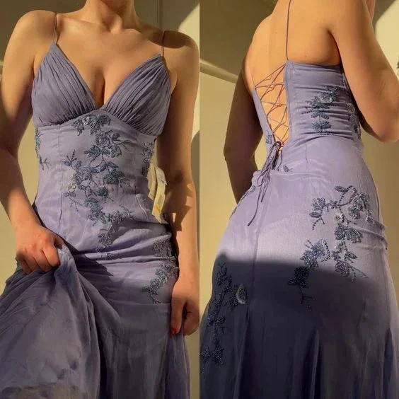 Classy Spaghetti Straps Blue Chiffon Long Prom Dress Party Evening Dress Y7457 - Image 5