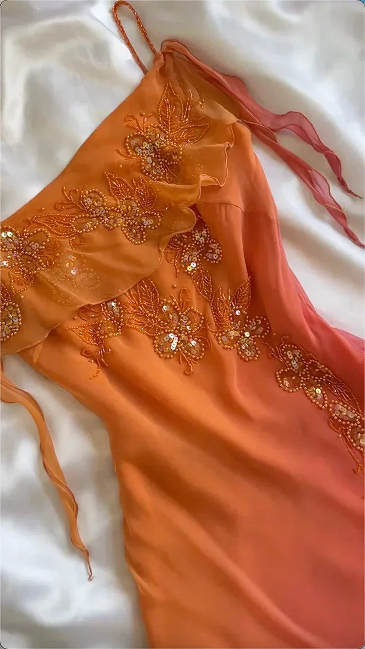 Classy Spaghetti Straps Ombre Orange Chiffon Beaded Prom Dress Evening Gown Y8304 - Image 2