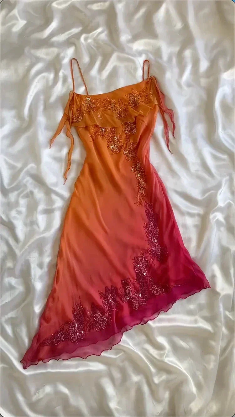 Classy Spaghetti Straps Ombre Orange Chiffon Beaded Prom Dress Evening Gown Y8304 - Image 3