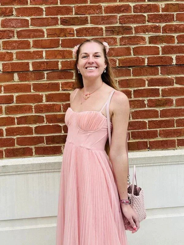 Classy Spaghetti Straps Pleated Tulle Green Midi Prom Dress A Line  Evening Dress Y8452 - Image 2