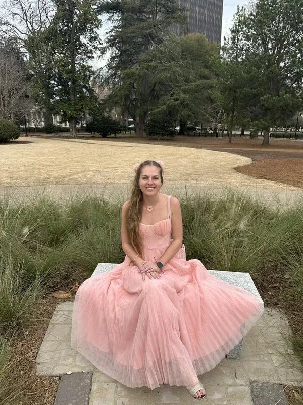Classy Spaghetti Straps Pleated Tulle Green Midi Prom Dress A Line  Evening Dress Y8452 - Image 3