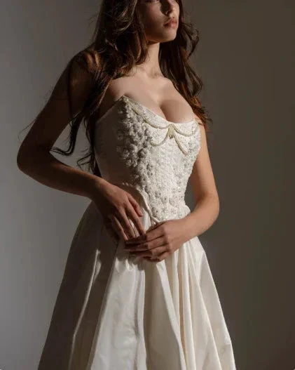 Classy Strapless Satin Beaded Evening Dress A Line Slit Prom Dress Y8314 - Image 3