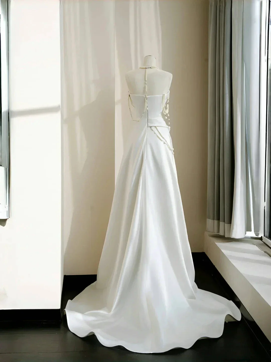 Classy Strapless Satin Pearls Chain White Prom Dress A Line Evening Dress Y8684 - Image 4