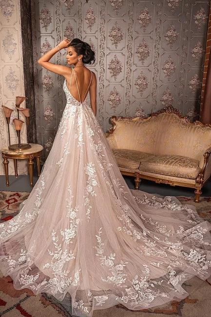 Classy V-neck Appliques Lace Spaghetti Straps Sleeveless A-Line Wedding Dresses - Image 2