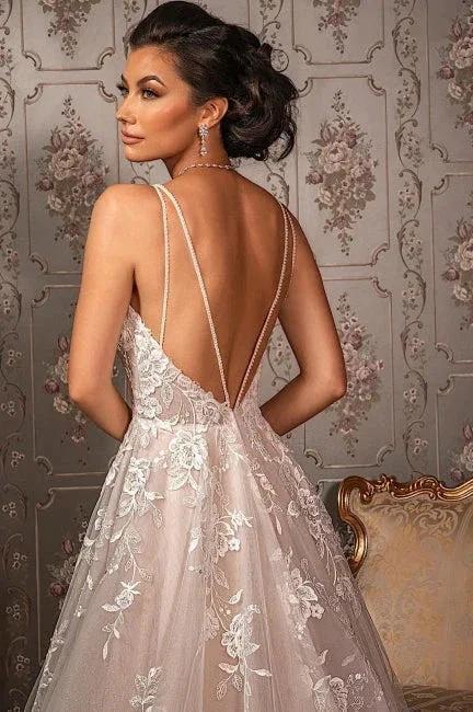 Classy V-neck Appliques Lace Spaghetti Straps Sleeveless A-Line Wedding Dresses - Image 3