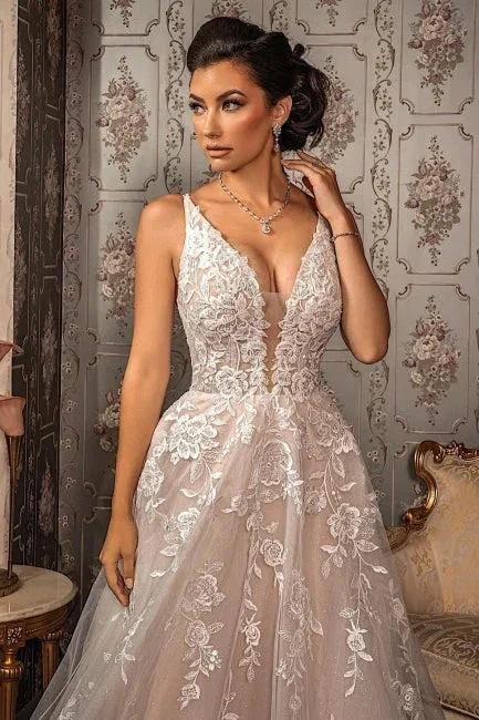 Classy V-neck Appliques Lace Spaghetti Straps Sleeveless A-Line Wedding Dresses - Image 4