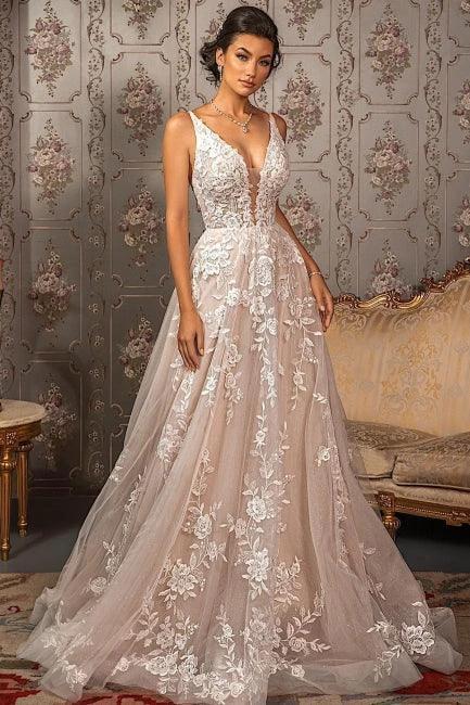 Classy V-neck Appliques Lace Spaghetti Straps Sleeveless A-Line Wedding Dresses - Image 5