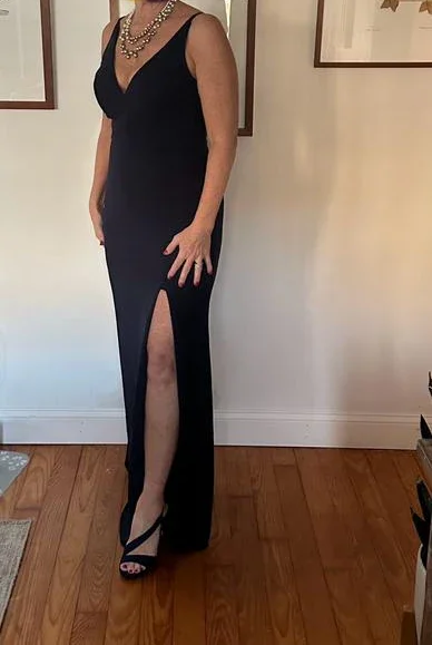 Classy V Neck Black Sleeveless Satin Prom Dress Side Slit Party Evening Dress Y8456 - Image 2