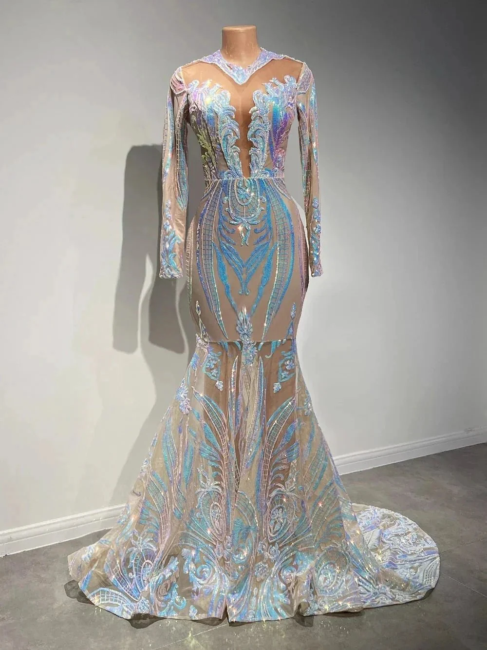 Classy V-neck Sequins Floor-length Mermaid Prom Dresses With Long Sleeves - Image 2