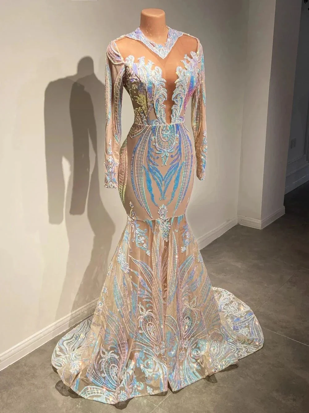 Classy V-neck Sequins Floor-length Mermaid Prom Dresses With Long Sleeves - Image 4