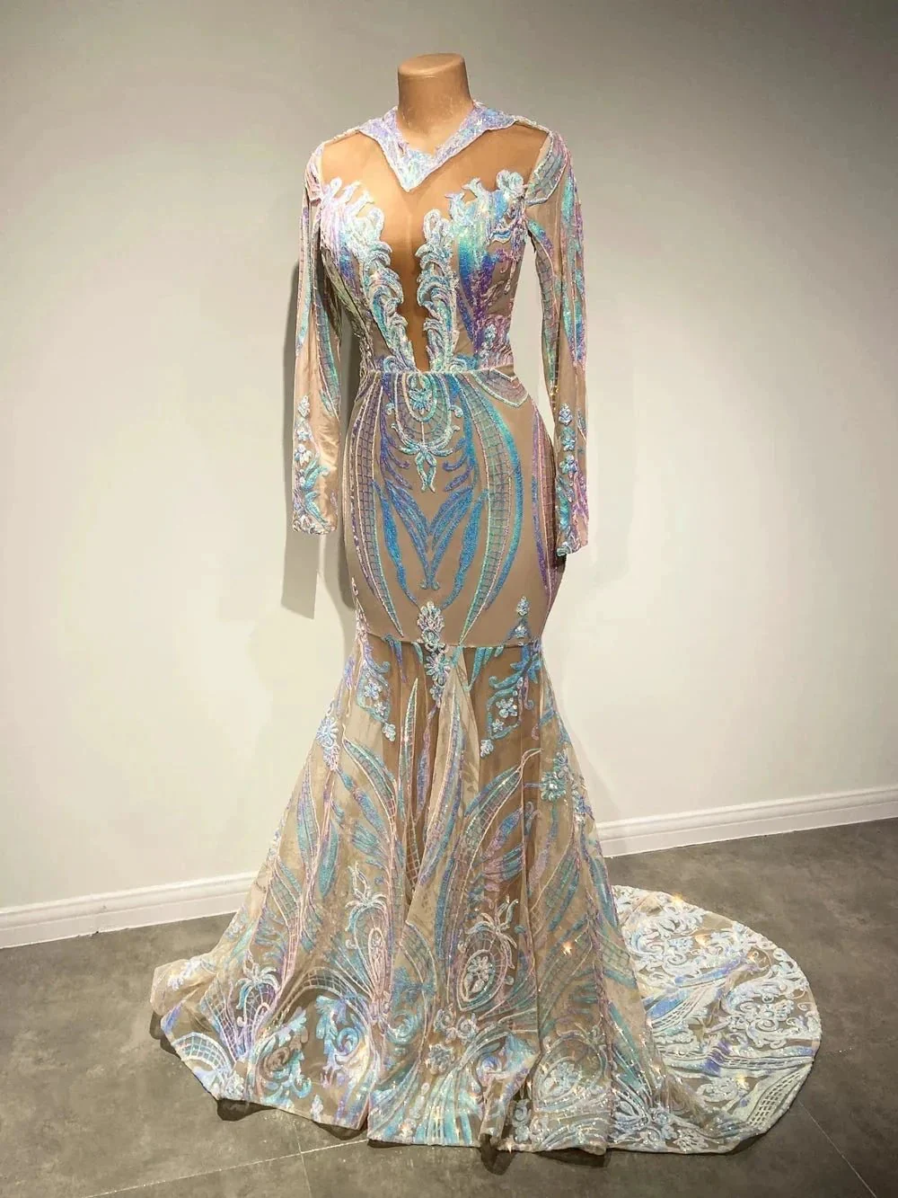 Classy V-neck Sequins Floor-length Mermaid Prom Dresses With Long Sleeves - Image 7