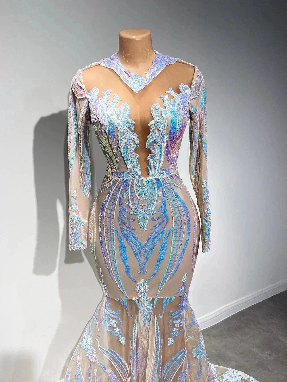 Classy V-neck Sequins Floor-length Mermaid Prom Dresses With Long Sleeves - Image 9