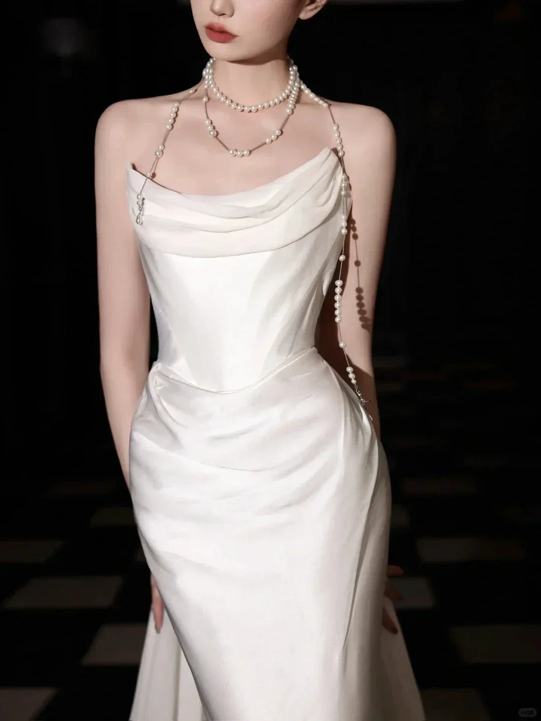 Classy White Satin Chiffon Mermaid Prom Dress,Strapless Long Wedding Dress Y8591 - Image 2