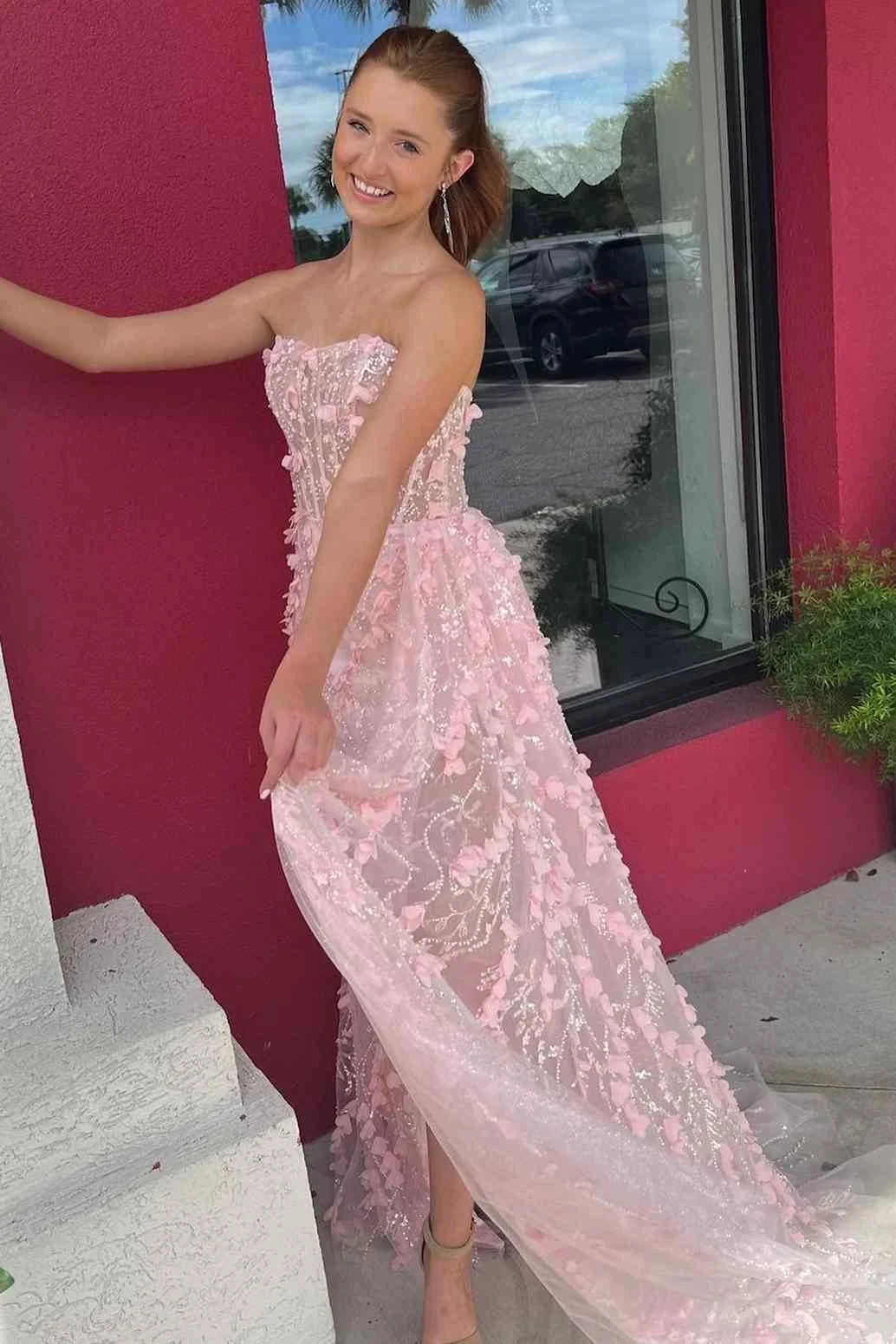 Clio | Pink Strapless 3D Floral High Slit Mermaid Long Prom Dress - Image 2