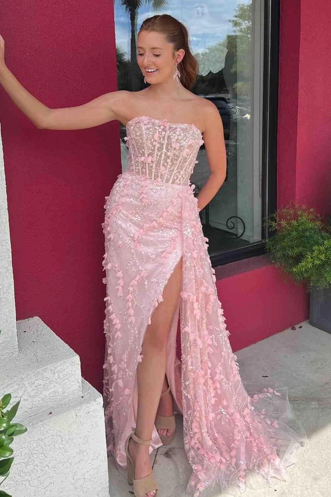Clio | Pink Strapless 3D Floral High Slit Mermaid Long Prom Dress - Image 3