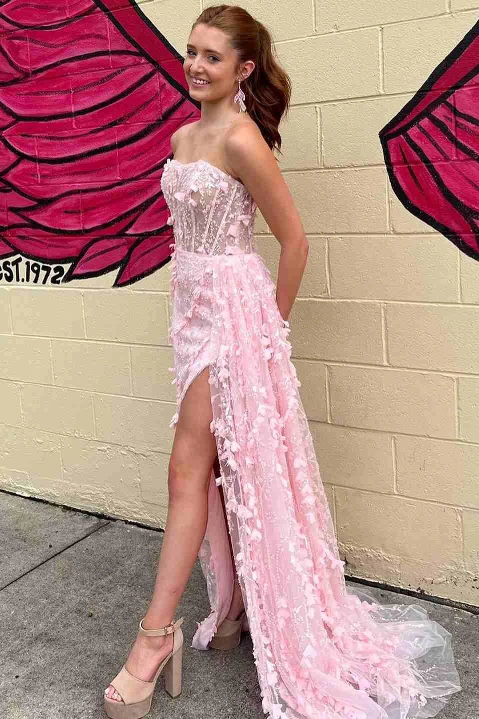 Clio | Pink Strapless 3D Floral High Slit Mermaid Long Prom Dress - Image 4