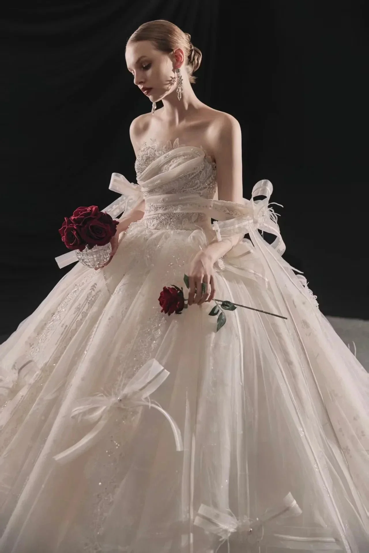 Romantic Strapless Ball Gown Tulle Ribbon Embellished Lace Wedding Dress with Voluminous Skirt H008 - Image 2