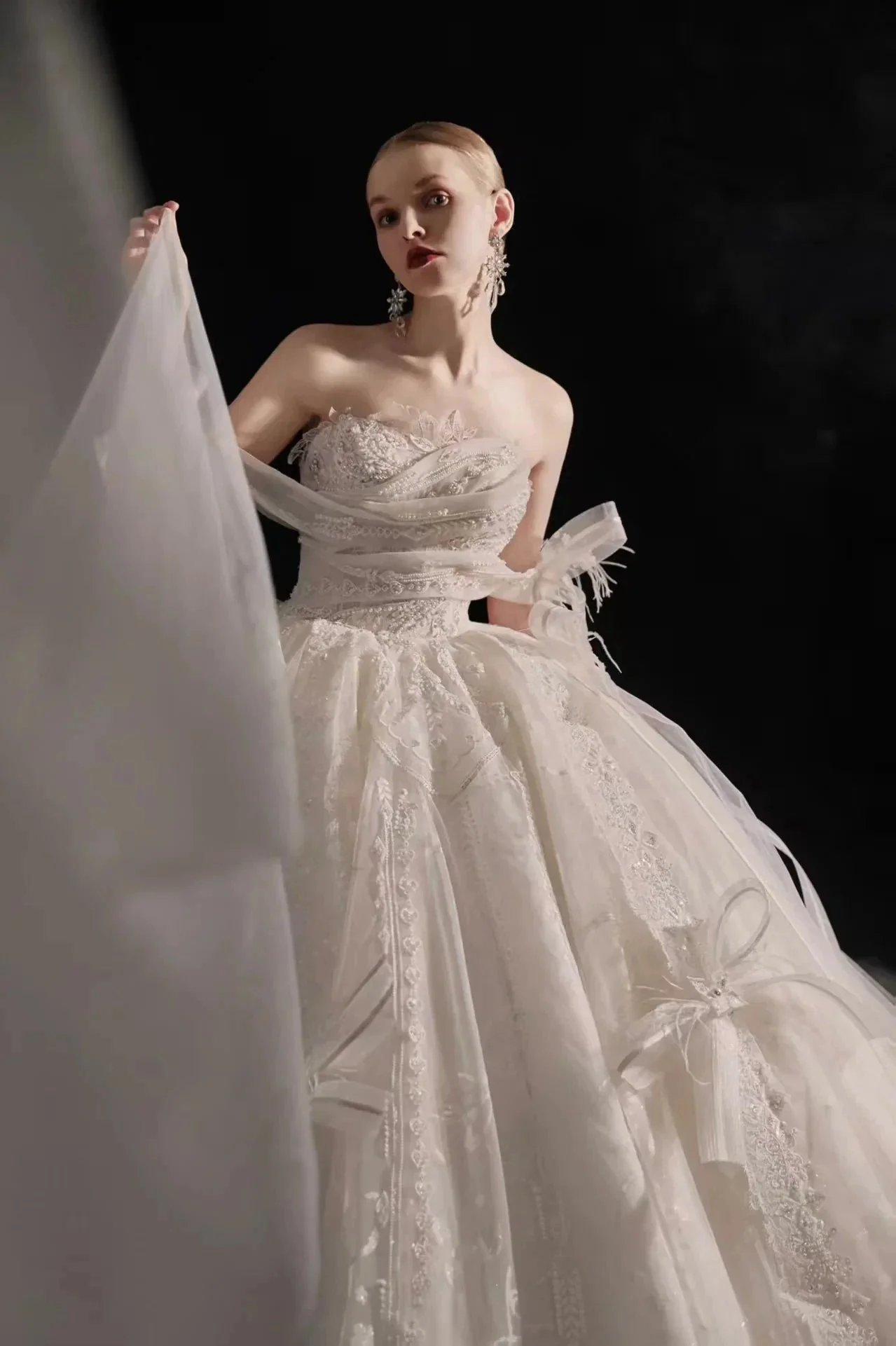 Romantic Strapless Ball Gown Tulle Ribbon Embellished Lace Wedding Dress with Voluminous Skirt H008 - Image 3