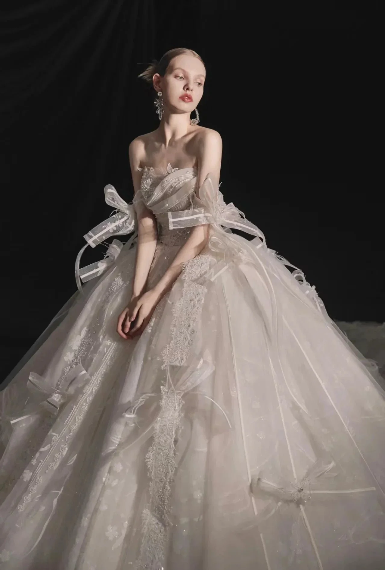 Romantic Strapless Ball Gown Tulle Ribbon Embellished Lace Wedding Dress with Voluminous Skirt H008 - Image 4