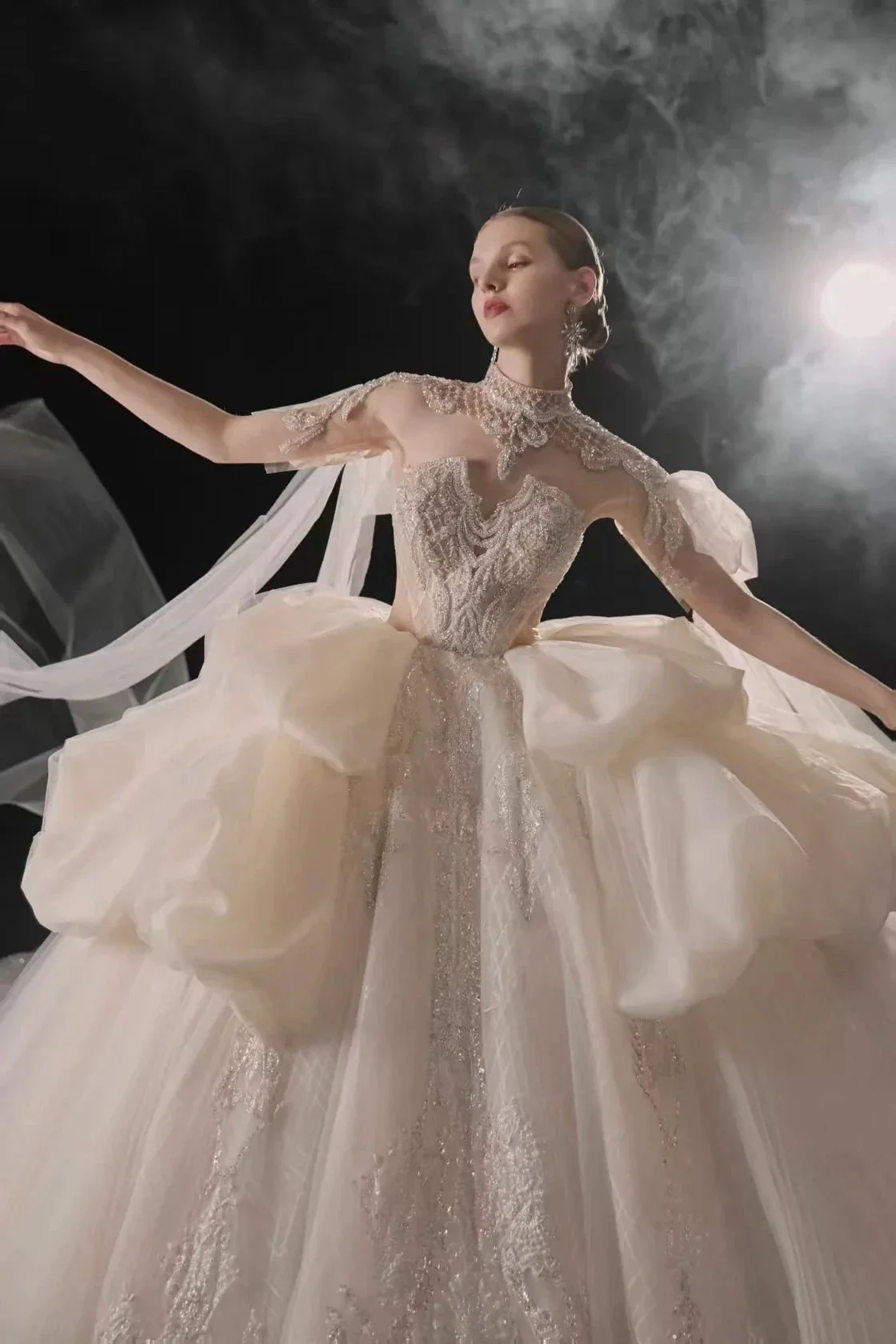 Opulent High-Neck Ball Gown Beaded Mesh Capelet Ruffled Skirt Wedding Dress with Sparkling Train Q6009 - Image 2