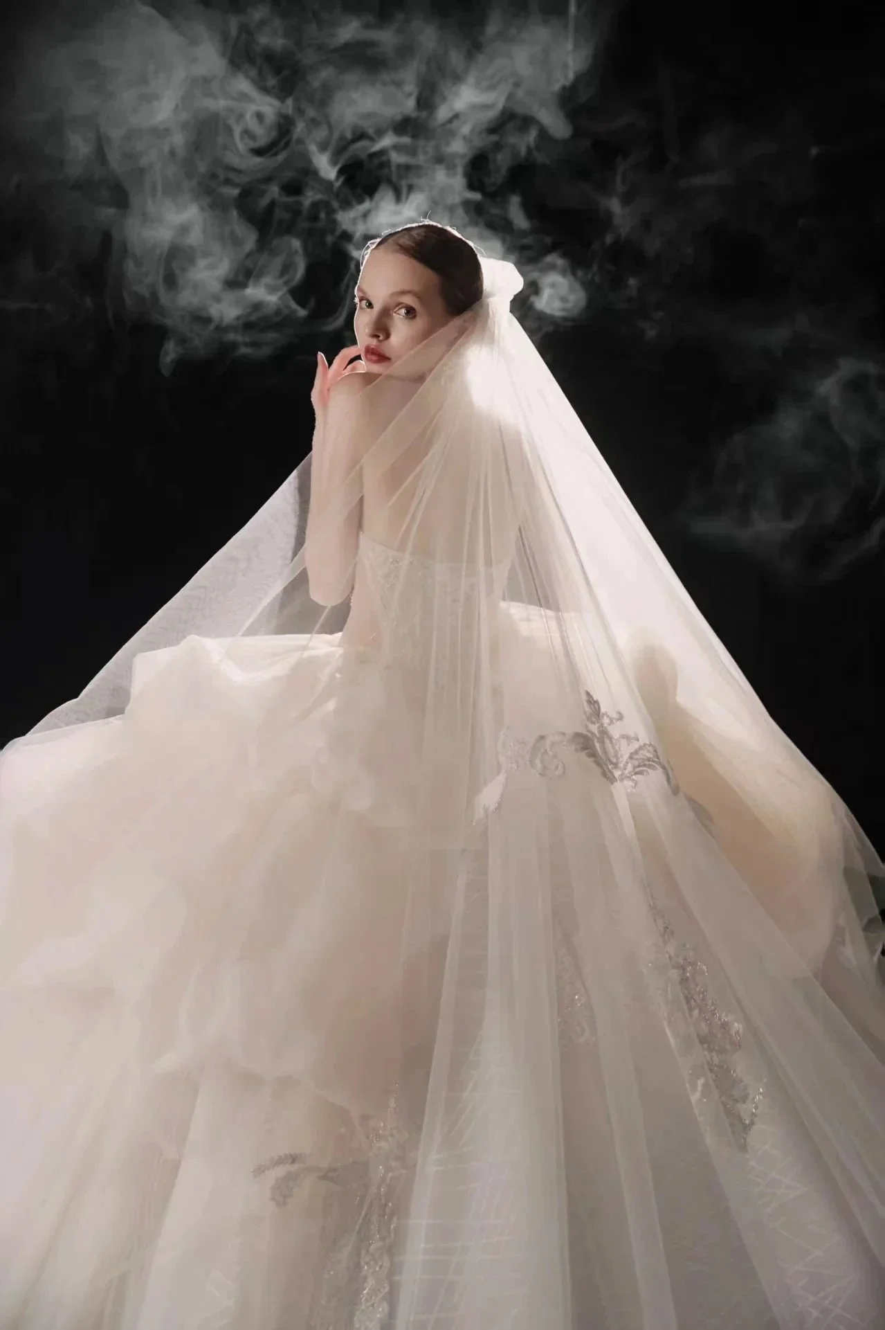 Opulent High-Neck Ball Gown Beaded Mesh Capelet Ruffled Skirt Wedding Dress with Sparkling Train Q6009 - Image 3