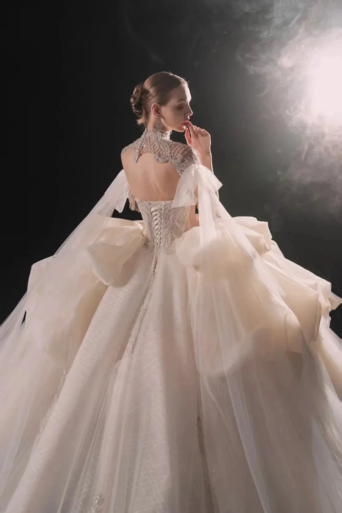 Opulent High-Neck Ball Gown Beaded Mesh Capelet Ruffled Skirt Wedding Dress with Sparkling Train Q6009 - Image 4